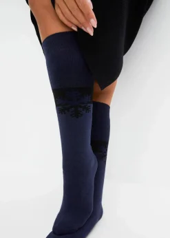 bonprix Nachhaltigere Materialien|Socken & Strumpfhosen^Thermo Kniestrümpfe mit weichem Innenfrottee mit Bio-Baumwolle (3er Pack) schwarz + schwarz bedruckt + dunkelblau bedruckt