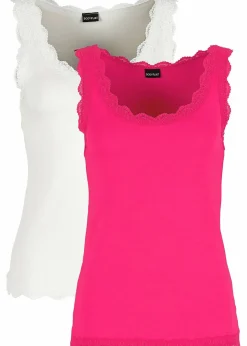 bonprix Shirts & Tops^Top mit Spitze (2er-Pack) dunkelpink + wollweiß