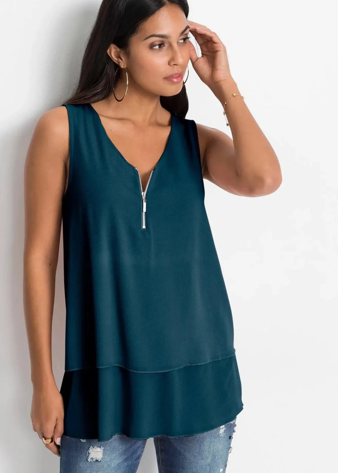 bonprix Shirts & Tops|Blusen & Tuniken^Top mit Zipper aus nachhaltige Viskose blaupetrol
