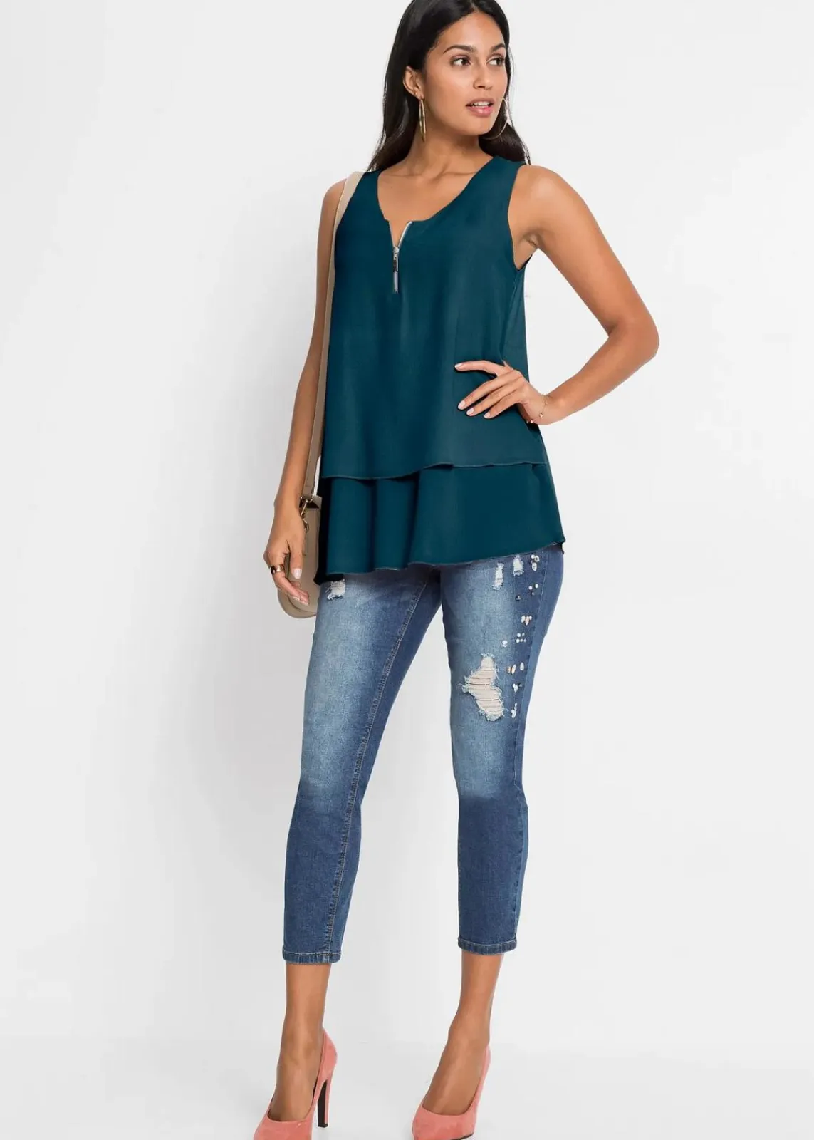 bonprix Shirts & Tops|Blusen & Tuniken^Top mit Zipper aus nachhaltige Viskose blaupetrol