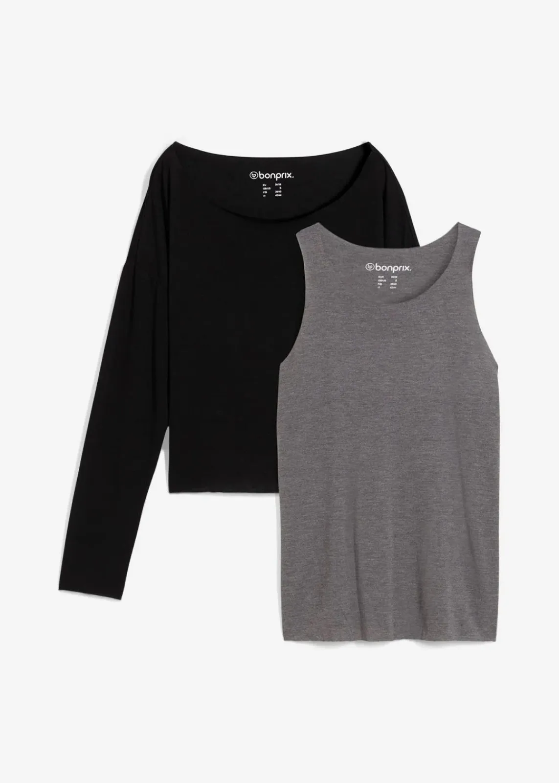 bonprix Shirts & Tops|Nachhaltigere Materialien^Top und Langarmshirt (2-tlg.Set) aus Jersey grau washed + schwarz meliert