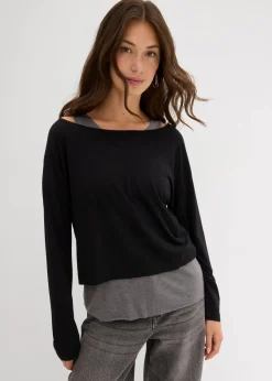 bonprix Shirts & Tops|Nachhaltigere Materialien^Top und Langarmshirt (2-tlg.Set) aus Jersey grau washed + schwarz meliert