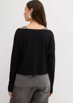 bonprix Shirts & Tops|Nachhaltigere Materialien^Top und Langarmshirt (2-tlg.Set) aus Jersey grau washed + schwarz meliert