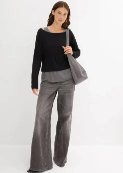 bonprix Shirts & Tops|Nachhaltigere Materialien^Top und Langarmshirt (2-tlg.Set) aus Jersey grau washed + schwarz meliert