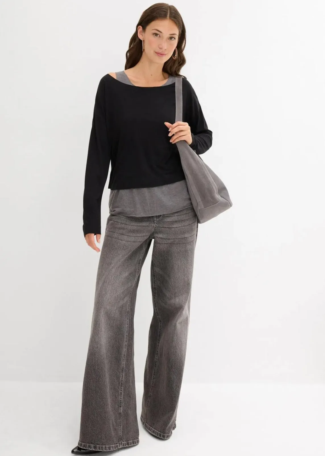 bonprix Shirts & Tops|Nachhaltigere Materialien^Top und Langarmshirt (2-tlg.Set) aus Jersey grau washed + schwarz meliert