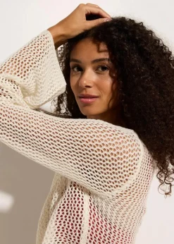 bonprix Strandmode|Bademode·Strandmode^Transparente Strand Ajour-Strickjacke wollweiß