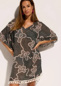 bonprix Strandmode|Bademode·Strandmode^Transparente Strandtunika schwarz/beige bedruckt