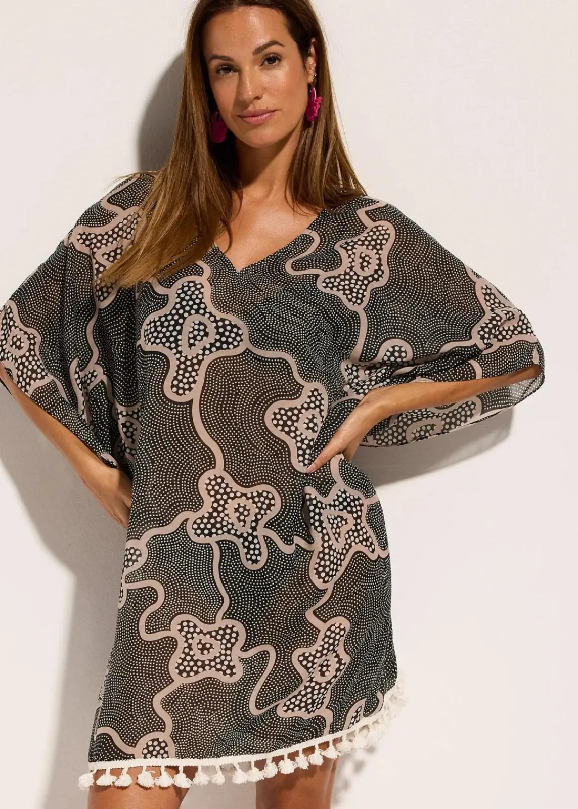 bonprix Strandmode|Bademode·Strandmode^Transparente Strandtunika schwarz/beige bedruckt