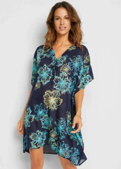 bonprix Strandmode|Bademode·Strandmode^Transparente Strandtunika mit V-Ausschnitt dunkelblau/türkis floral