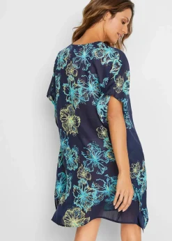 bonprix Strandmode|Bademode·Strandmode^Transparente Strandtunika mit V-Ausschnitt dunkelblau/türkis floral
