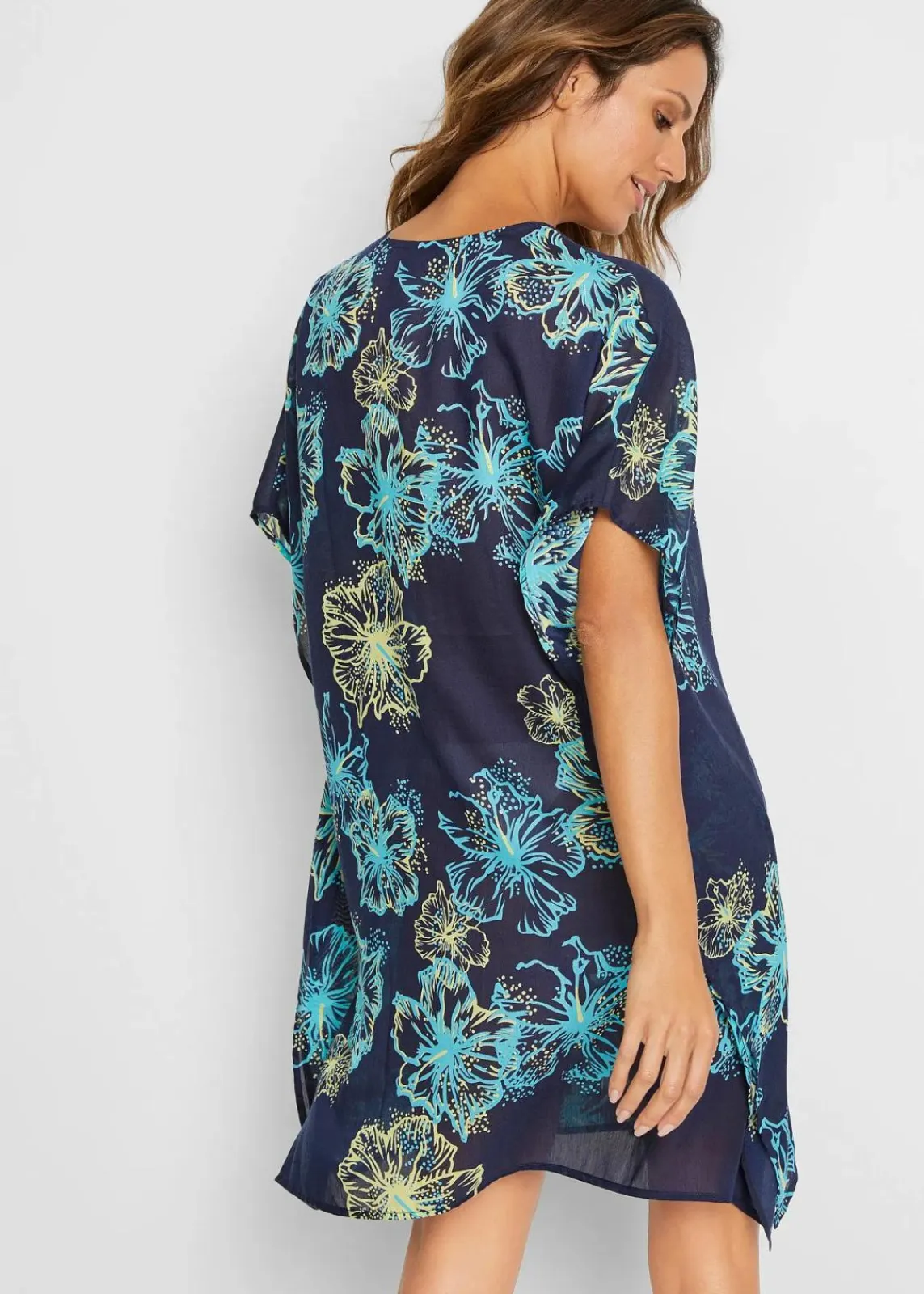 bonprix Strandmode|Bademode·Strandmode^Transparente Strandtunika mit V-Ausschnitt dunkelblau/türkis floral