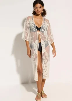 bonprix Strandmode|Bademode·Strandmode^Transparenter Strandkimono mit Spitze wollweiß