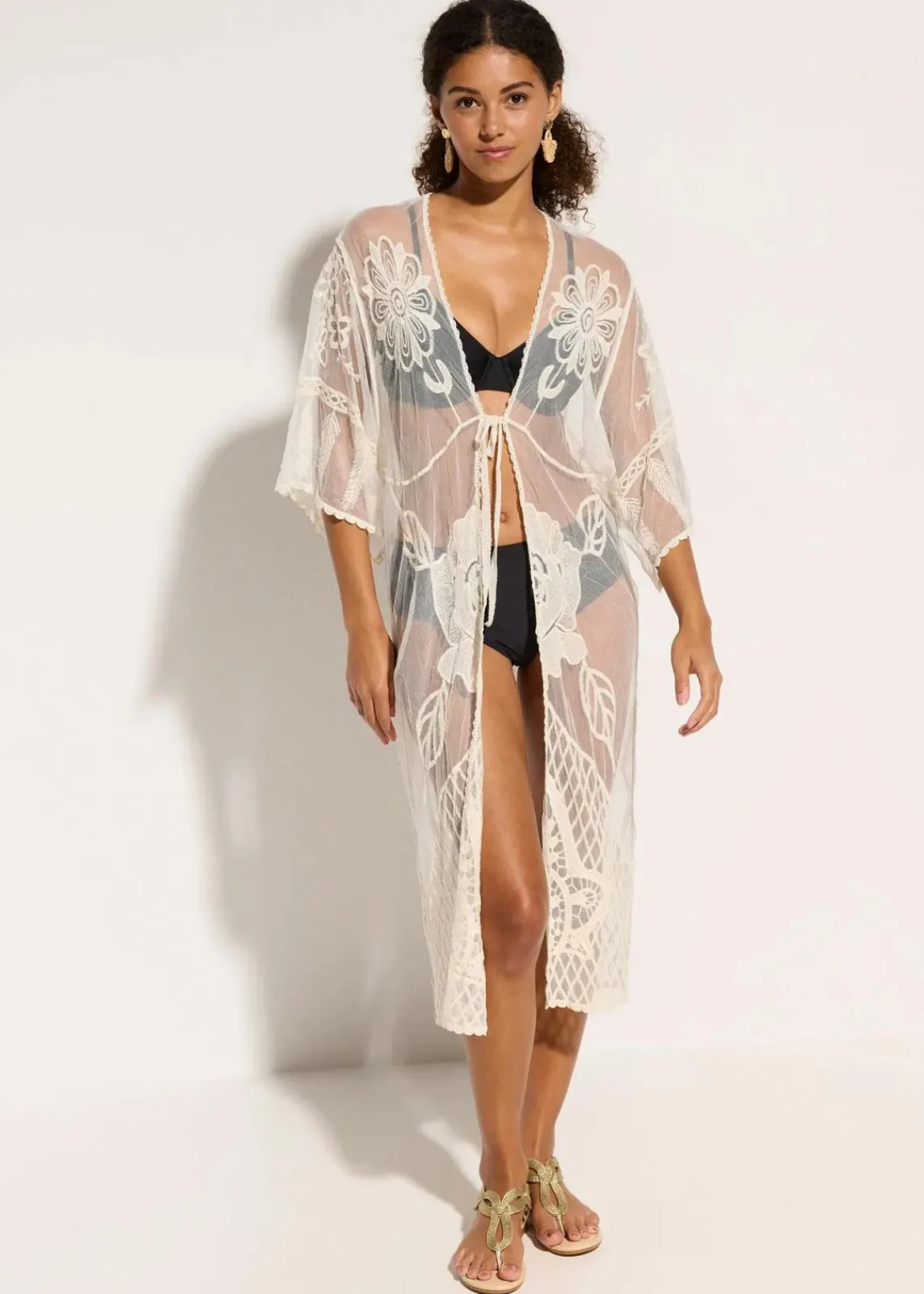 bonprix Strandmode|Bademode·Strandmode^Transparenter Strandkimono mit Spitze wollweiß