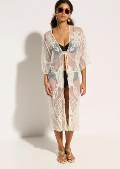 bonprix Strandmode|Bademode·Strandmode^Transparenter Strandkimono mit Spitze wollweiß