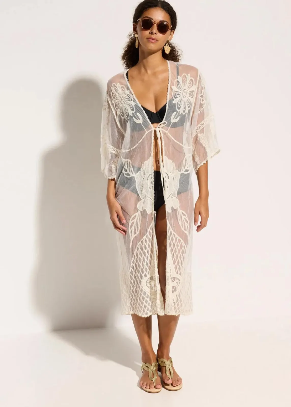bonprix Strandmode|Bademode·Strandmode^Transparenter Strandkimono mit Spitze wollweiß