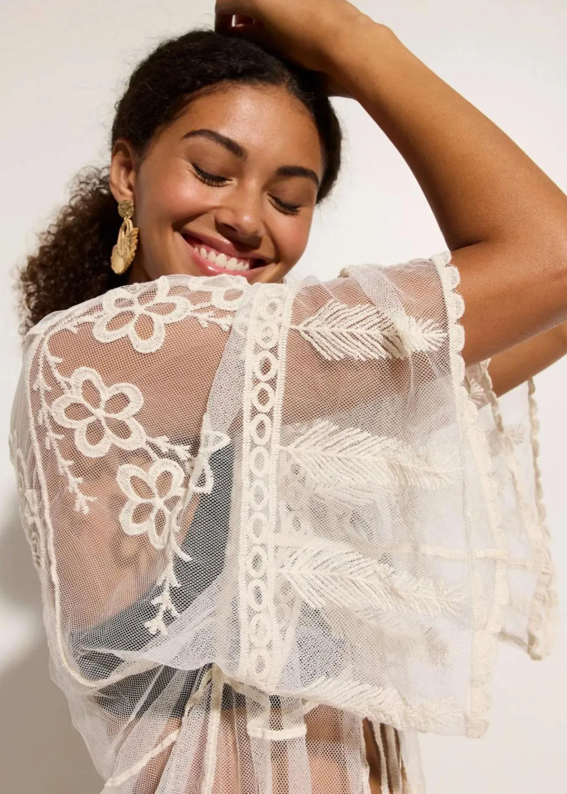 bonprix Strandmode|Bademode·Strandmode^Transparenter Strandkimono mit Spitze wollweiß
