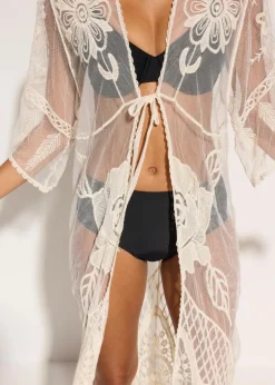 bonprix Strandmode|Bademode·Strandmode^Transparenter Strandkimono mit Spitze wollweiß