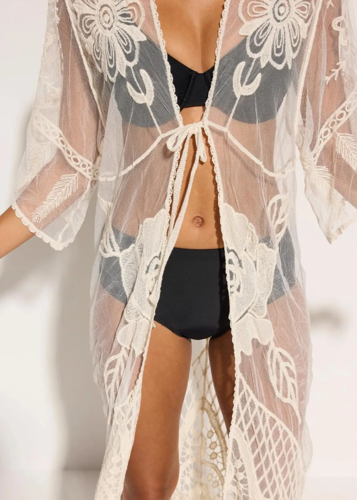 bonprix Strandmode|Bademode·Strandmode^Transparenter Strandkimono mit Spitze wollweiß