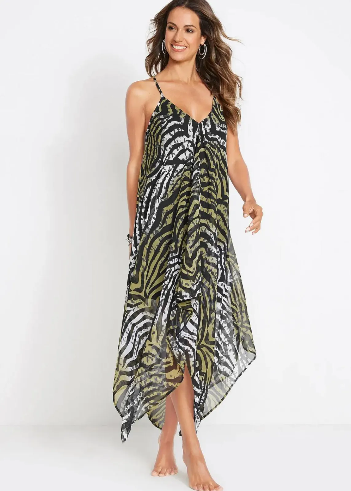 bonprix Strandmode|Bademode·Strandmode^Transparentes Strand Maxikleid aus leichtem Chiffon zebra olivgrün