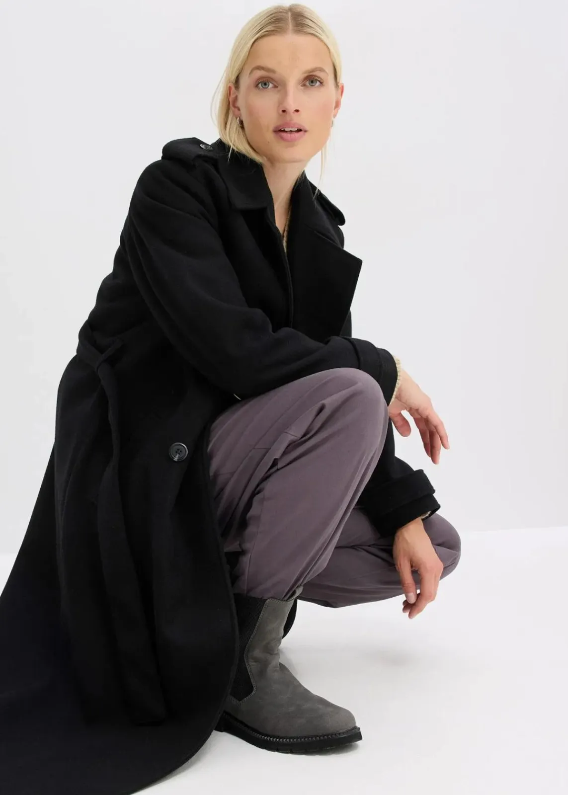 bonprix Jacken & Mäntel|Bekleidung·Hosen^Trenchcoat in Wolloptik schwarz