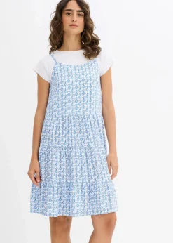 bonprix Kleider|Nachhaltigere Materialien^Trägerkleid aus fließender Viskose weiß/arktikblau bedruckt