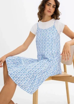 bonprix Kleider|Nachhaltigere Materialien^Trägerkleid aus fließender Viskose weiß/arktikblau bedruckt