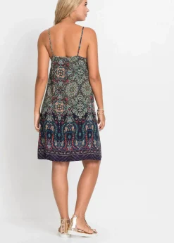bonprix Kleider^Trägerkleid aus fließender Viskose dunkelblau graphisch bedruckt