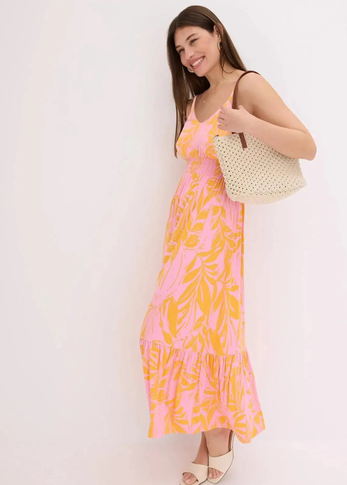 bonprix Bekleidung·Pullover & Strickjacken|Kleider^Trägerkleid aus softem Viskose-Mix orange/pink floral