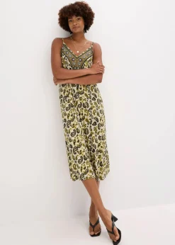 bonprix Kleider|Nachhaltigere Materialien^Trägerkleid aus softem Viskose-Mix oliv bedruckt