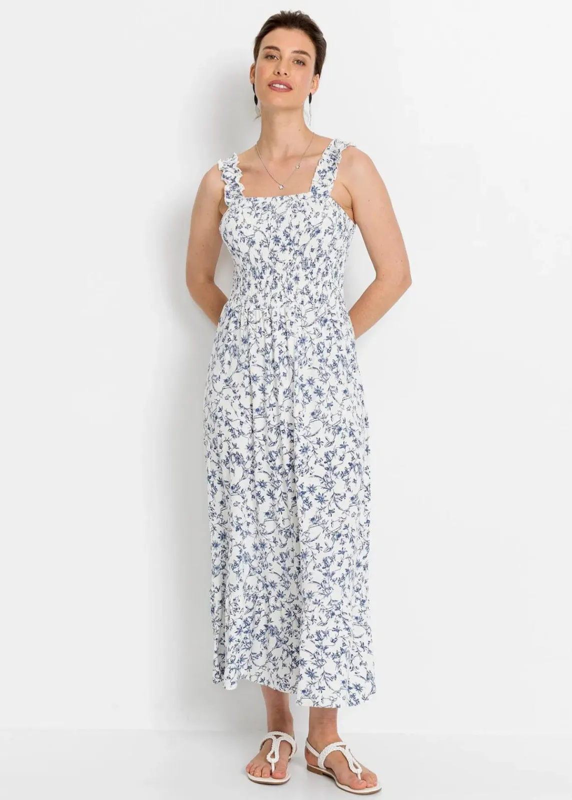 bonprix Nachhaltigere Materialien|Kleider^Trägerkleid aus Viskose-Mix wollweiß/blau floral