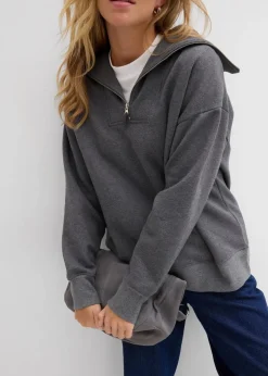 bonprix Pullover & Strickjacken|Sweat^Troyer aus weichem Baumwoll-Mix grau meliert