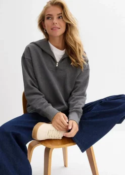 bonprix Pullover & Strickjacken|Sweat^Troyer aus weichem Baumwoll-Mix grau meliert