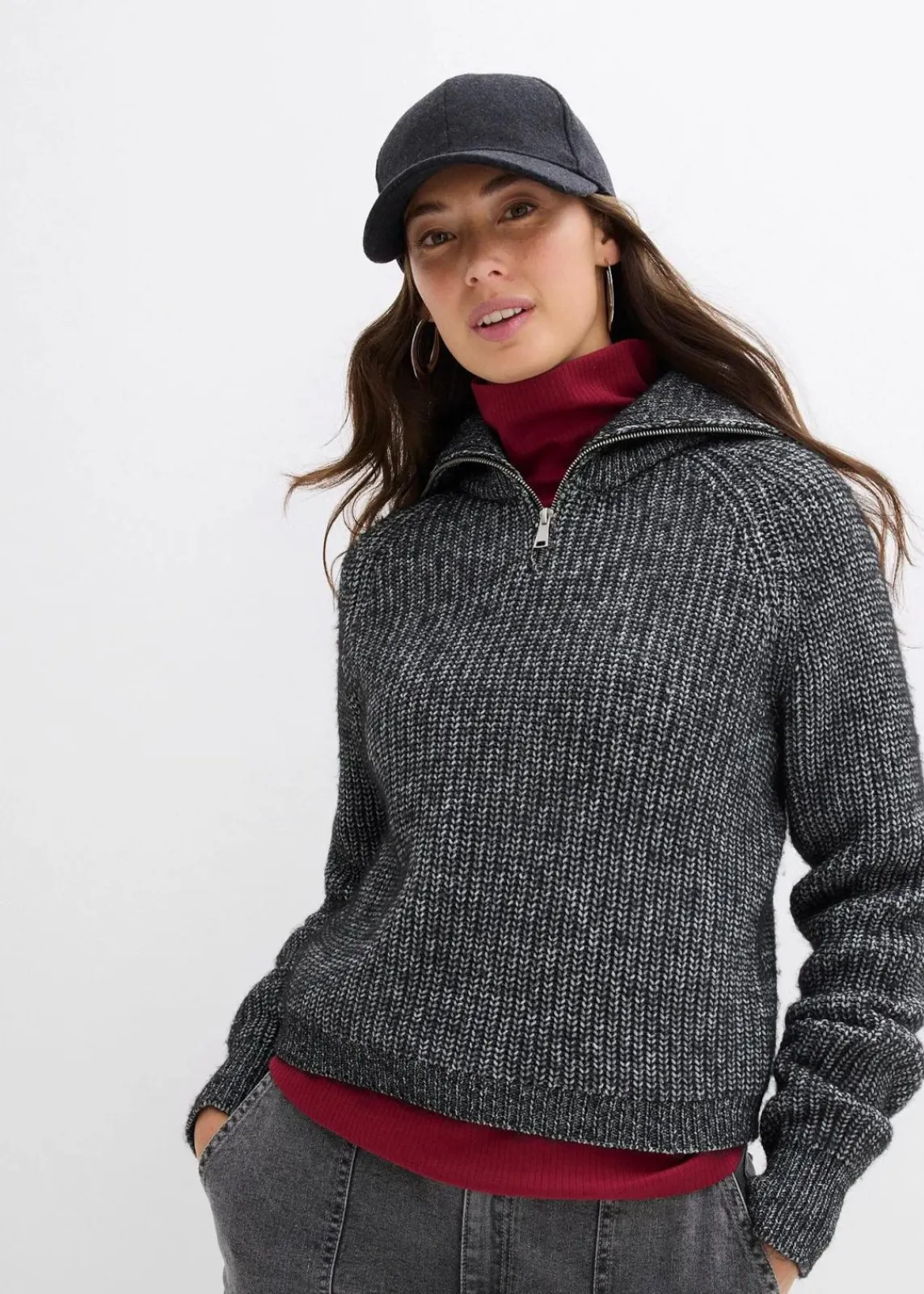 bonprix Bekleidung·Jeans|Pullover & Strickjacken^Troyer aus weichem Woll-Mix schwarz/weiß