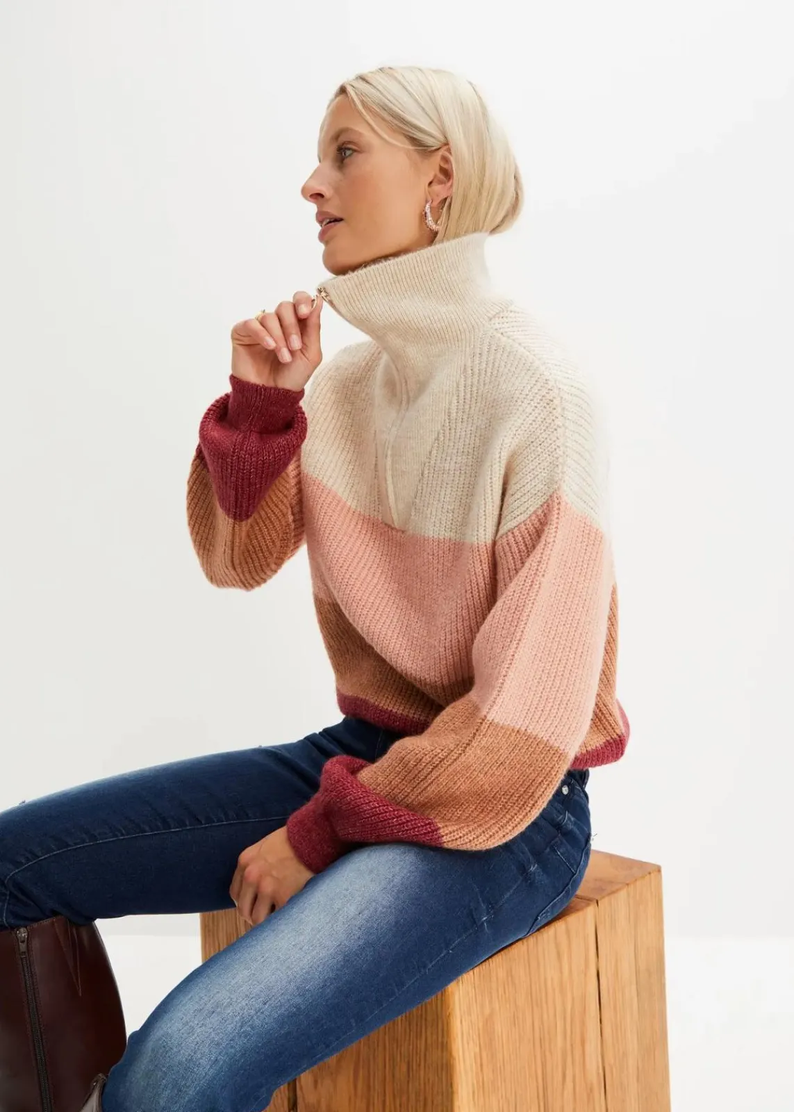bonprix Bekleidung·Jeans|Pullover & Strickjacken^Troyer Pullover creme/altrosa/bordeaux quer gestreift