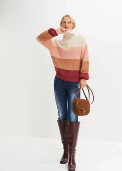bonprix Bekleidung·Jeans|Pullover & Strickjacken^Troyer Pullover creme/altrosa/bordeaux quer gestreift