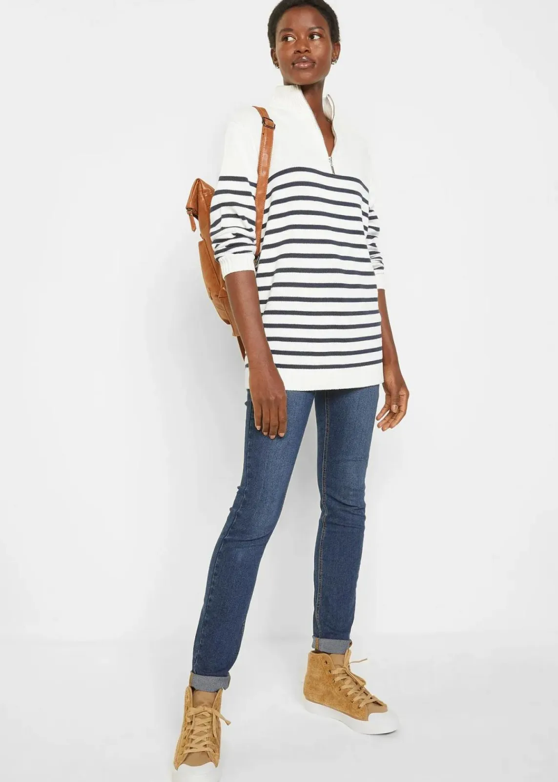 bonprix Bekleidung·Jeans|Pullover & Strickjacken^Troyer Pullover wollweiß/dunkelblau gestreift