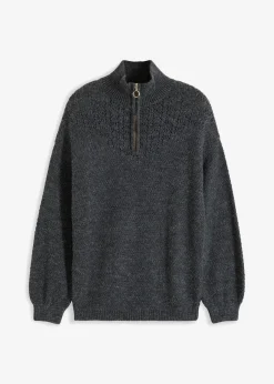 bonprix Pullover & Strickjacken|Bekleidung·Jeans^Troyer Pullover mit Ajourmuster grau