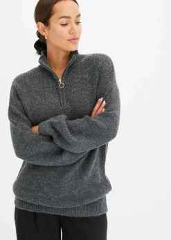 bonprix Pullover & Strickjacken|Bekleidung·Jeans^Troyer Pullover mit Ajourmuster grau