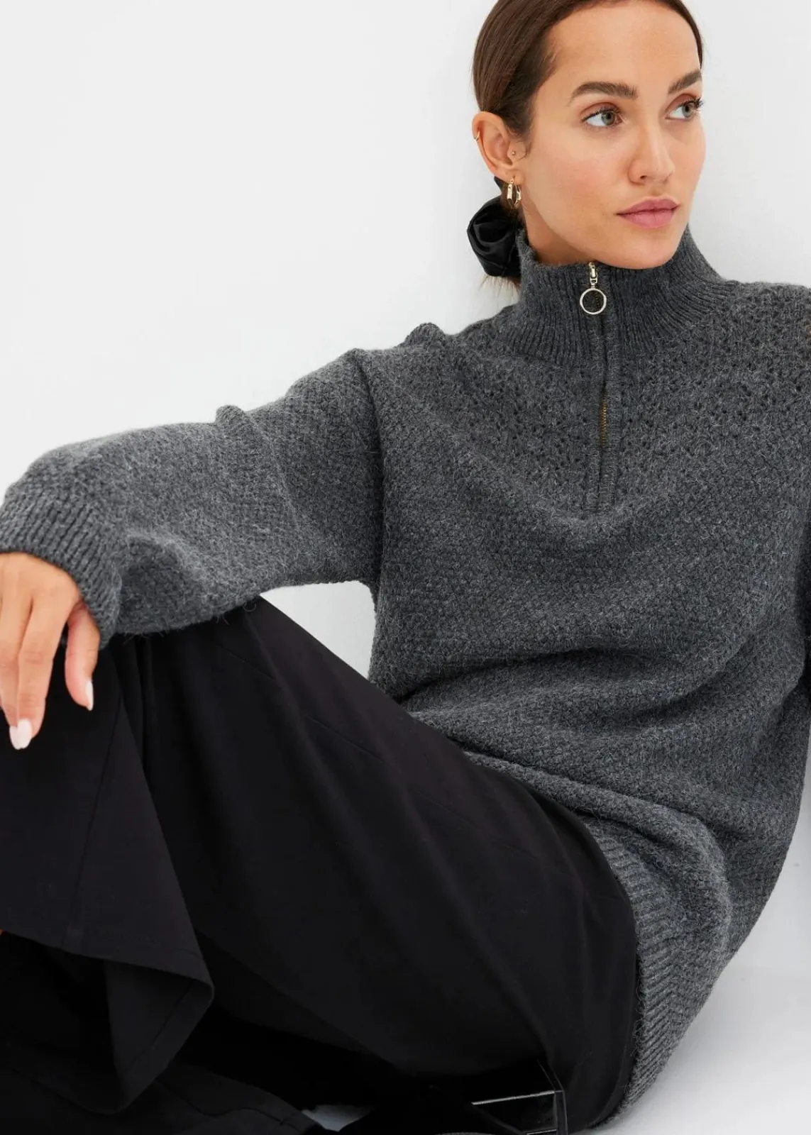 bonprix Pullover & Strickjacken|Bekleidung·Jeans^Troyer Pullover mit Ajourmuster grau