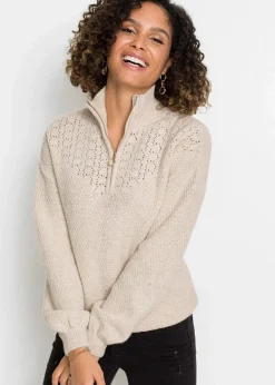 bonprix Bekleidung·Jeans|Pullover & Strickjacken^Troyer Pullover mit Ajourmuster sand
