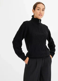 bonprix Pullover & Strickjacken|Bekleidung·Jeans^Troyer Pullover mit Zopfmuster schwarz