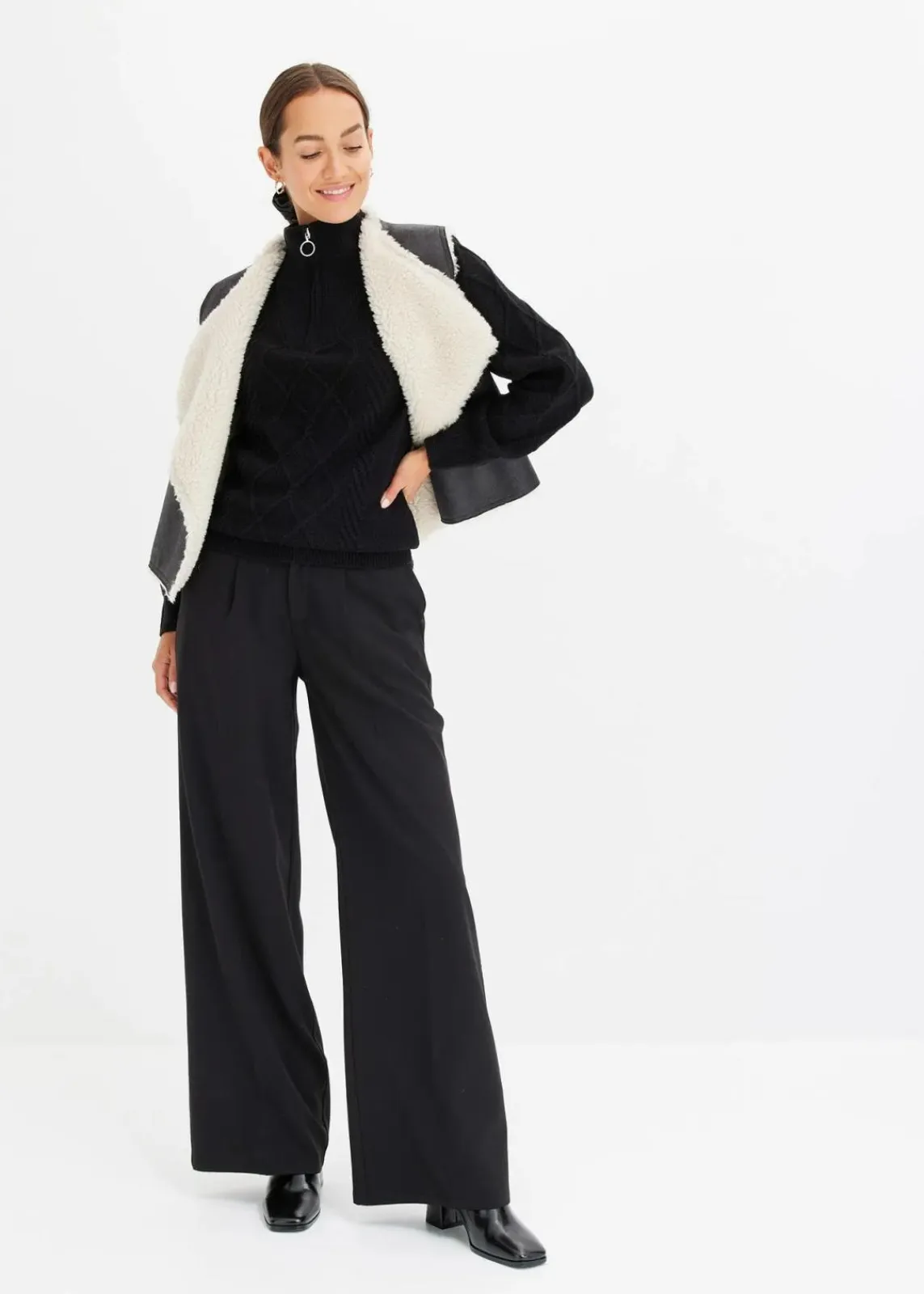 bonprix Pullover & Strickjacken|Bekleidung·Jeans^Troyer Pullover mit Zopfmuster schwarz