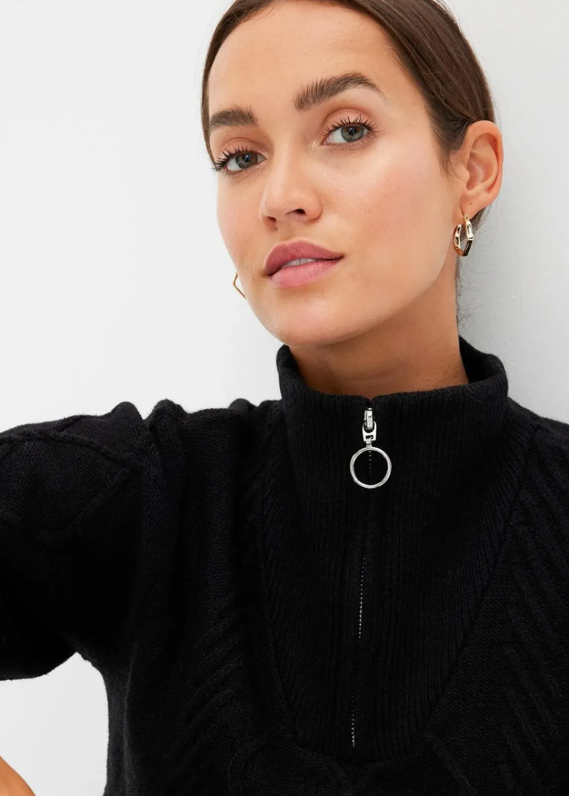 bonprix Pullover & Strickjacken|Bekleidung·Jeans^Troyer Pullover mit Zopfmuster schwarz