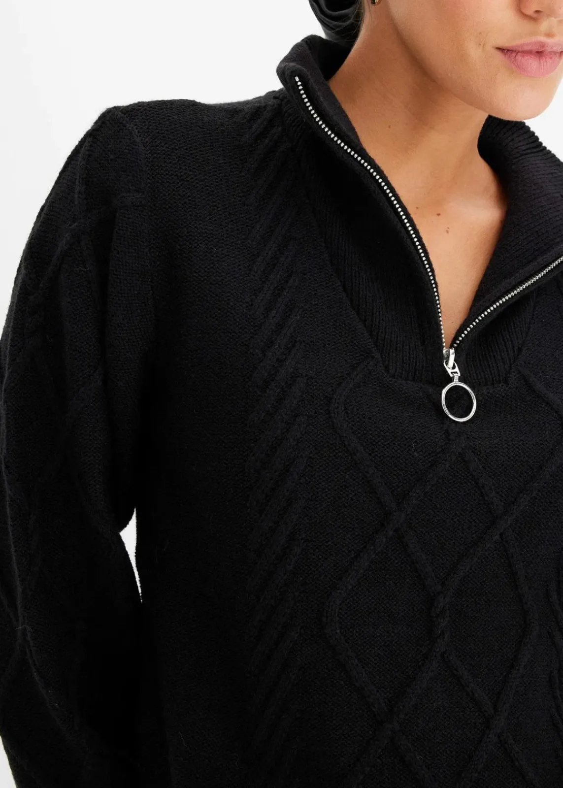bonprix Pullover & Strickjacken|Bekleidung·Jeans^Troyer Pullover mit Zopfmuster schwarz