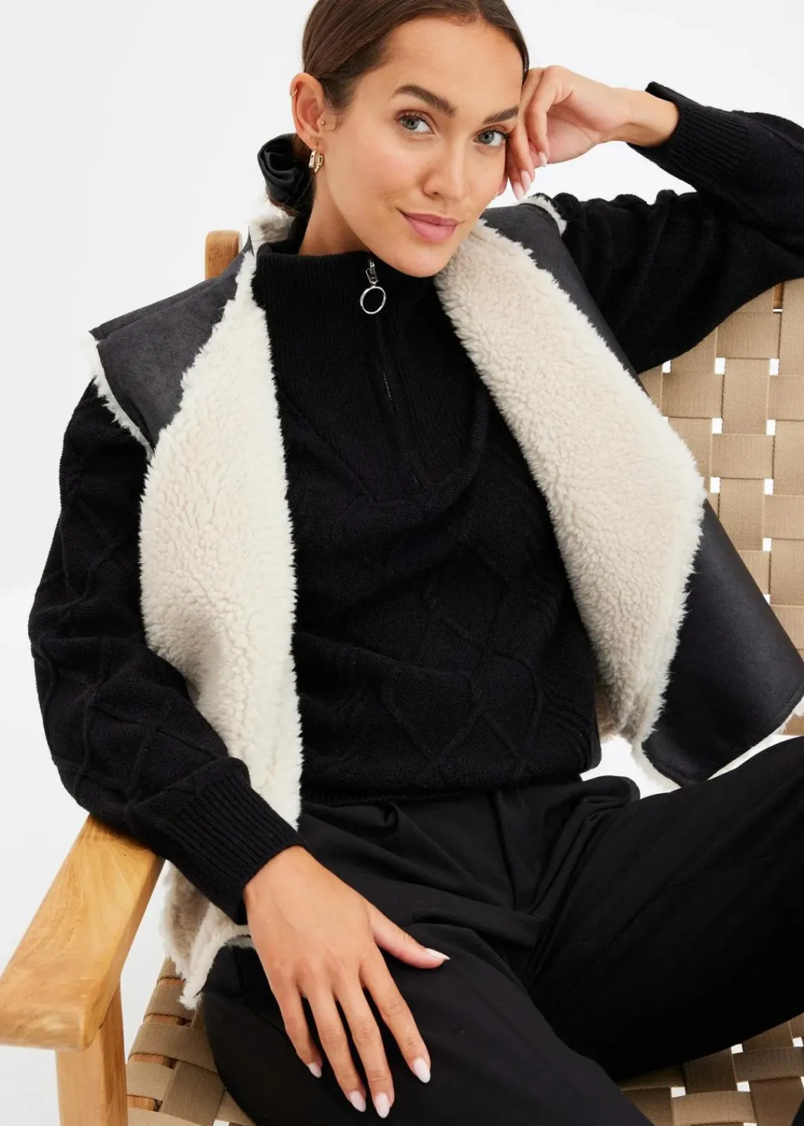 bonprix Pullover & Strickjacken|Bekleidung·Jeans^Troyer Pullover mit Zopfmuster schwarz