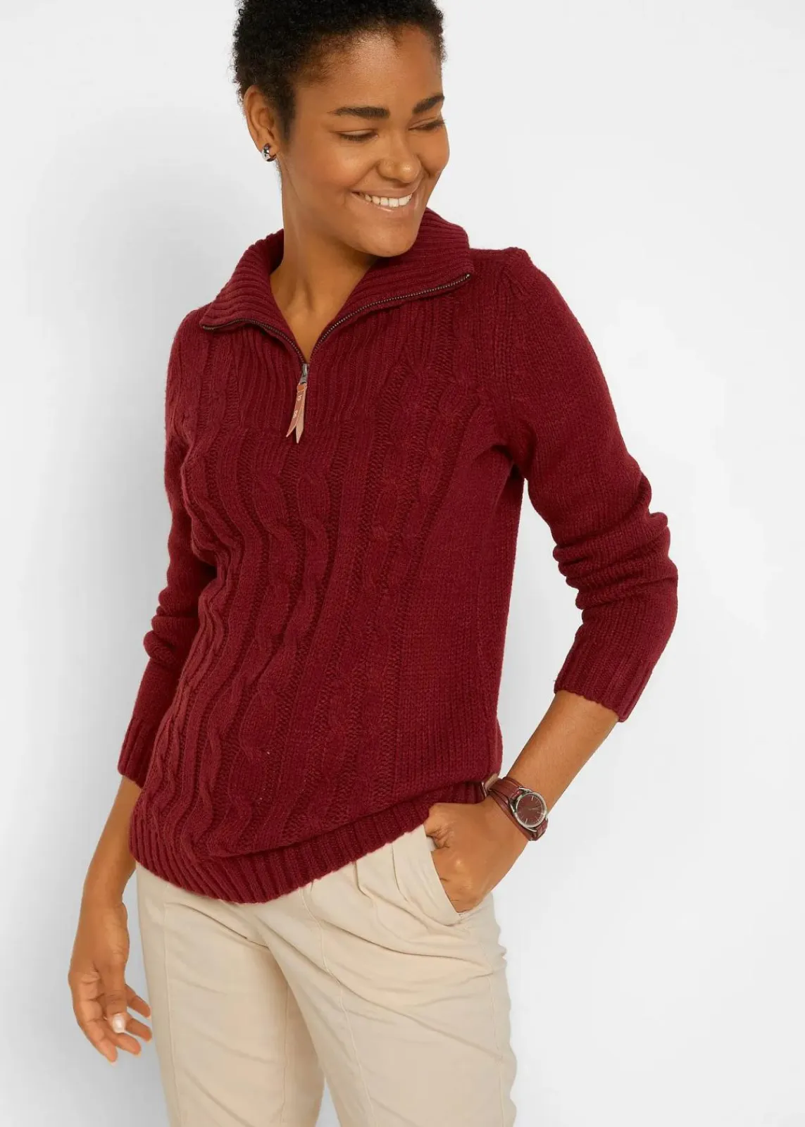 bonprix Pullover & Strickjacken^Troyer Pullover mit Zopfmuster kastanienrot