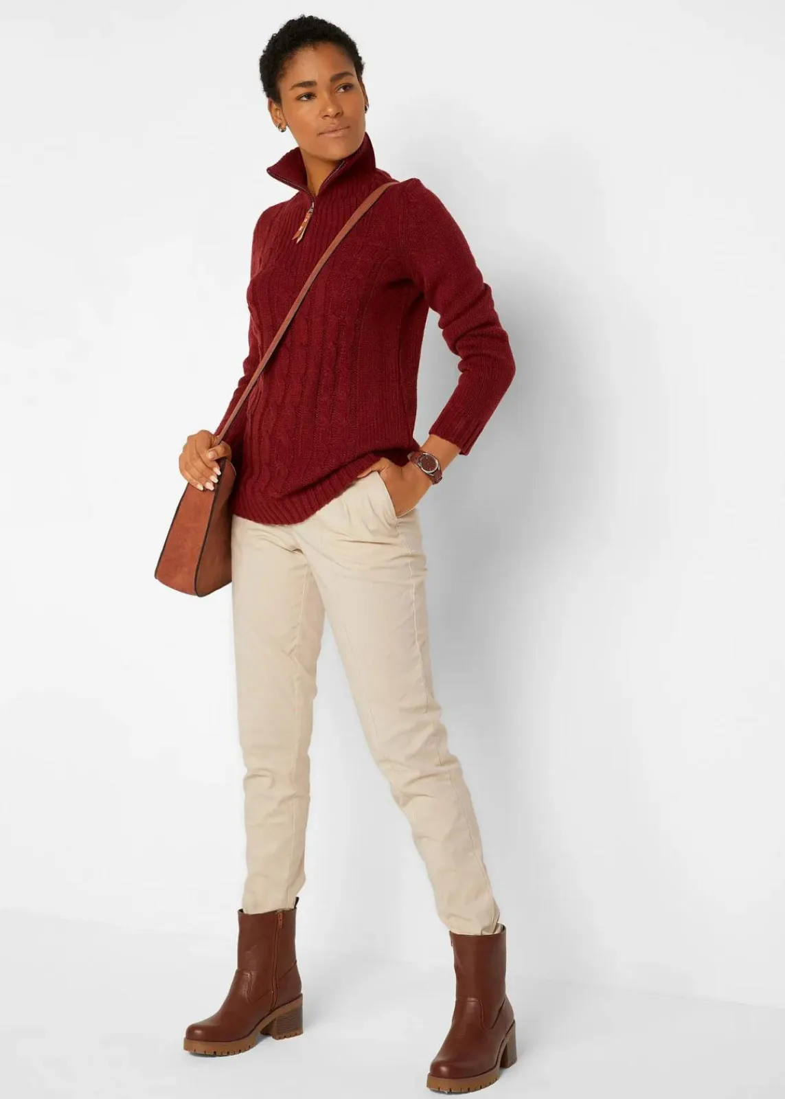 bonprix Pullover & Strickjacken^Troyer Pullover mit Zopfmuster kastanienrot