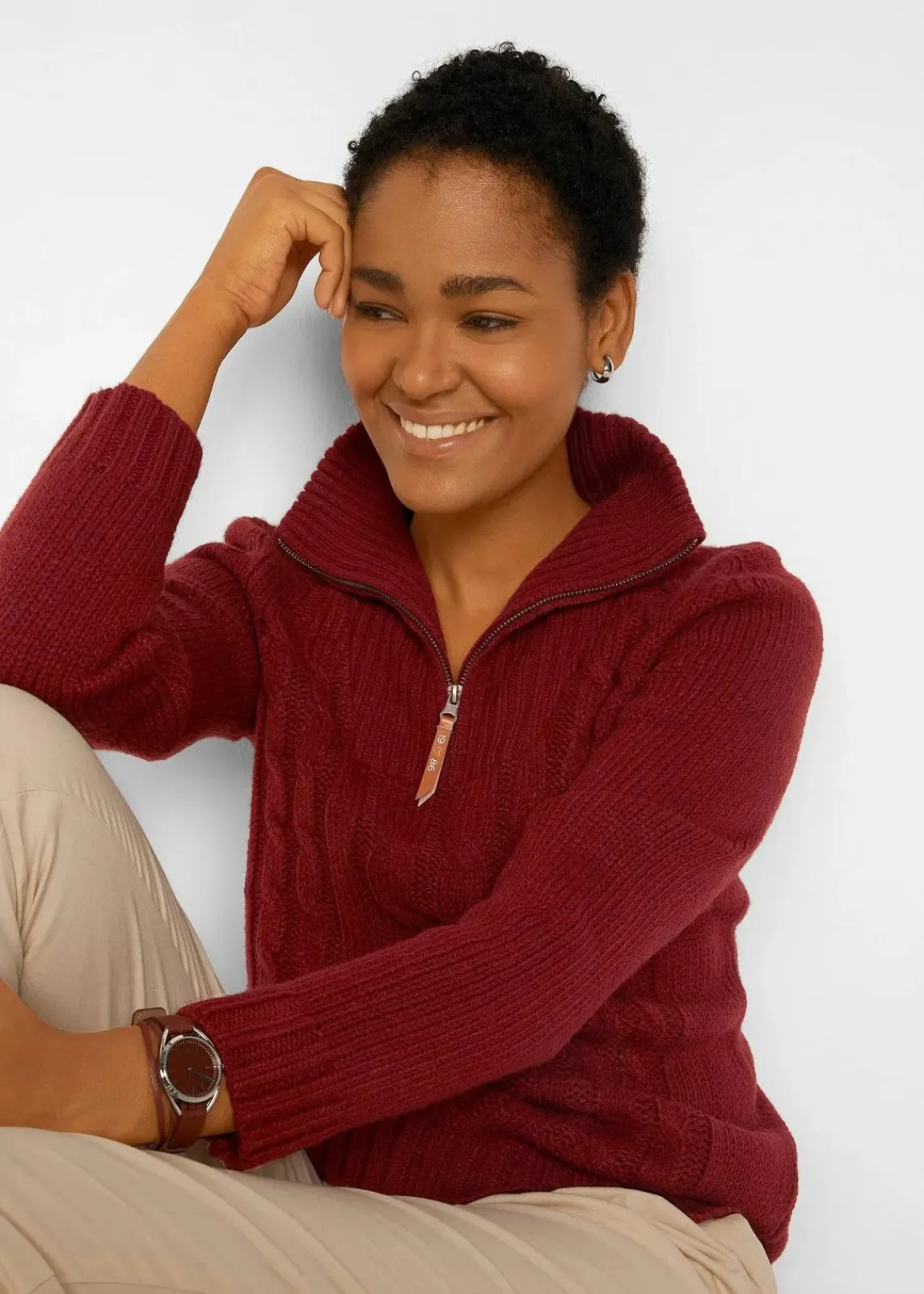 bonprix Pullover & Strickjacken^Troyer Pullover mit Zopfmuster kastanienrot