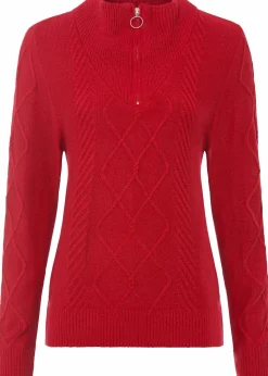 bonprix Bekleidung·Jeans|Pullover & Strickjacken^Troyer Pullover mit Zopfmuster tiefrot