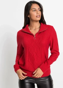 bonprix Bekleidung·Jeans|Pullover & Strickjacken^Troyer Pullover mit Zopfmuster tiefrot